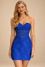Rutipo Royal Blue Sheath Strapless Ruched Corset Floral Lace Mini Homecoming Dress