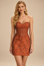 Rutipo Rust Sheath Strapless Ruched Corset Floral Lace Mini Homecoming Dress