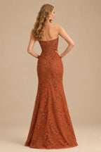Rutipo Rust Sheath Strapless Ruched Corset Floral Lace Mini Homecoming Dress