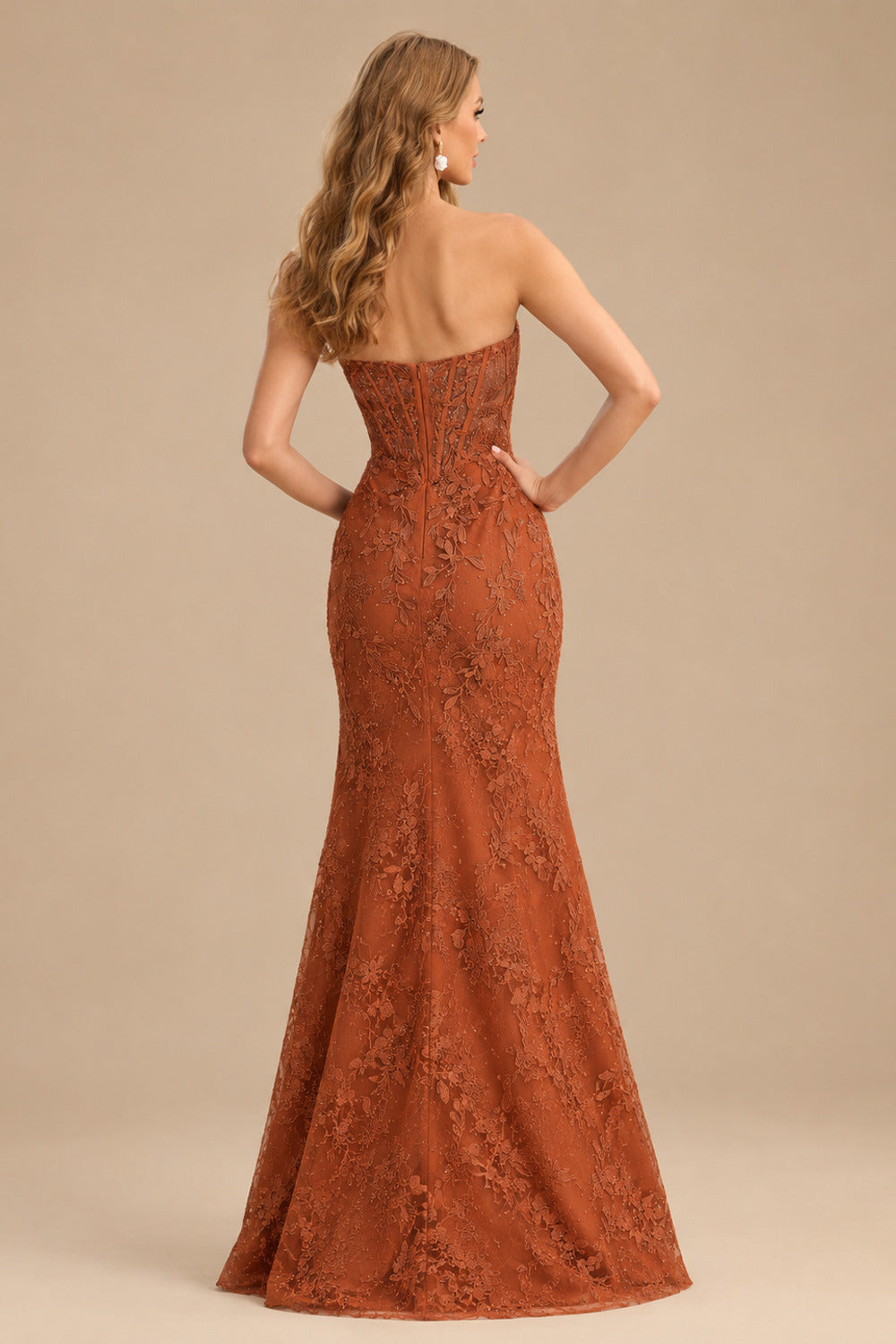 Rutipo Rust Sheath Strapless Ruched Corset Floral Lace Mini Homecoming Dress