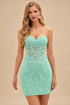 Rutipo Sage Sheath Strapless Ruched Corset Floral Lace Mini Homecoming Dress