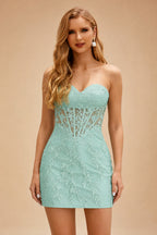 Rutipo Sage Sheath Strapless Ruched Corset Floral Lace Mini Homecoming Dress