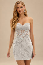 Rutipo Silver Sheath Strapless Ruched Corset Floral Lace Mini Homecoming Dress