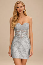 Rutipo Silver Sheath Strapless Ruched Corset Floral Lace Mini Homecoming Dress
