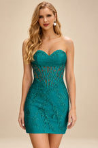 Rutipo Teal Sheath Strapless Ruched Corset Floral Lace Mini Homecoming Dress