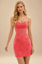 Rutipo Watermelon Sheath Strapless Ruched Corset Floral Lace Mini Homecoming Dress