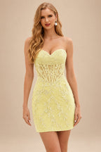 Rutipo Yellow Sheath Strapless Ruched Corset Floral Lace Mini Homecoming Dress