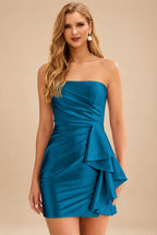 Rutipo Ink Blue Sheath Strapless Ruched Silk like Satin Mini Homecoming Dress with Side Ruffle