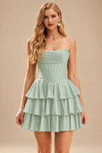 Rutipo Agave Green A-line Sparkly Strapless Ruched Corset Ruffle Homecoming Dress