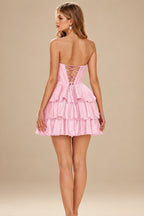 Rutipo Blushing Pink A-line Sparkly Strapless Ruched Corset Ruffle Homecoming Dress