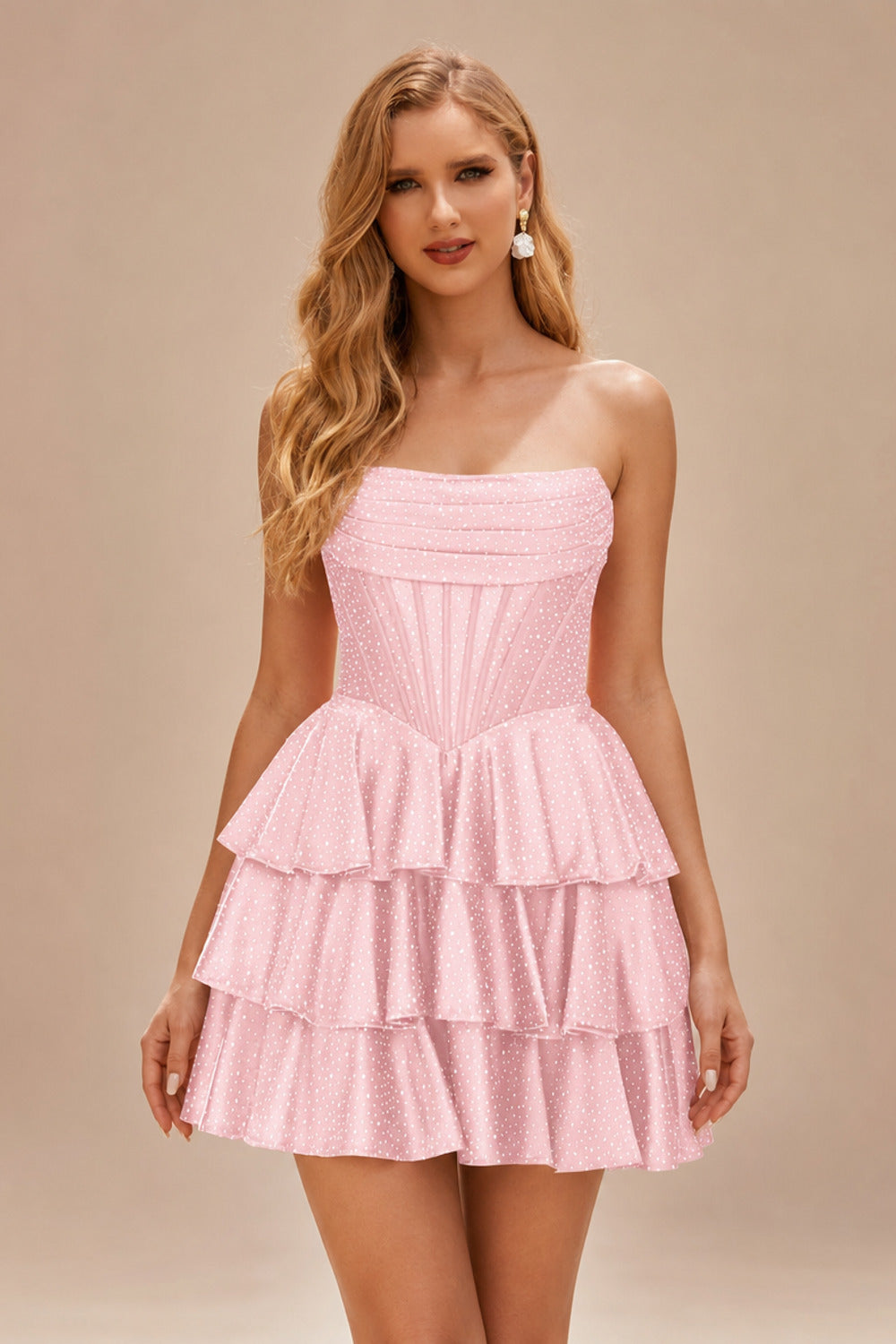 Rutipo Blushing Pink A-line Sparkly Strapless Ruched Corset Ruffle Homecoming Dress