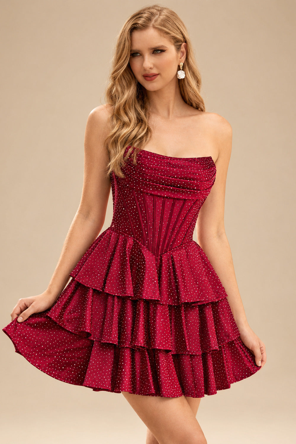 Rutipo Burgundy A-line Sparkly Strapless Ruched Corset Ruffle Homecoming Dress