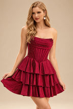 Rutipo Burgundy A-line Sparkly Strapless Ruched Corset Ruffle Homecoming Dress