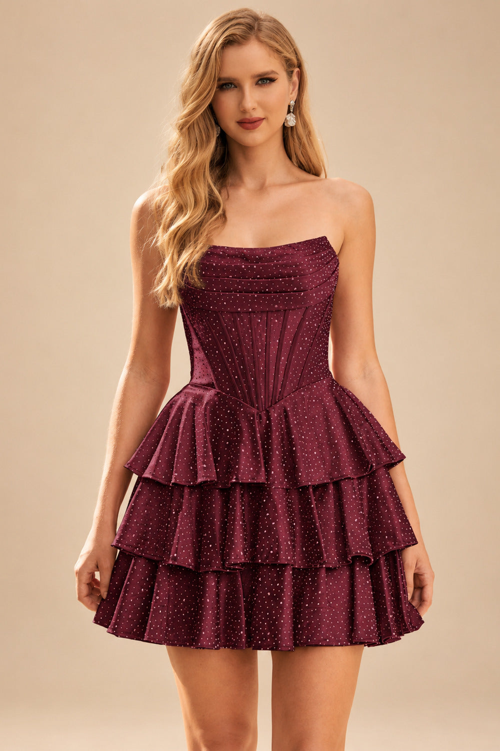 Rutipo Cabernet A-line Sparkly Strapless Ruched Corset Ruffle Homecoming Dress