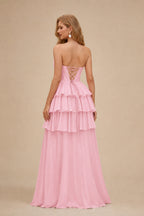 Rutipo Candy Pink A-line Sparkly Strapless Ruched Corset Ruffle Homecoming Dress