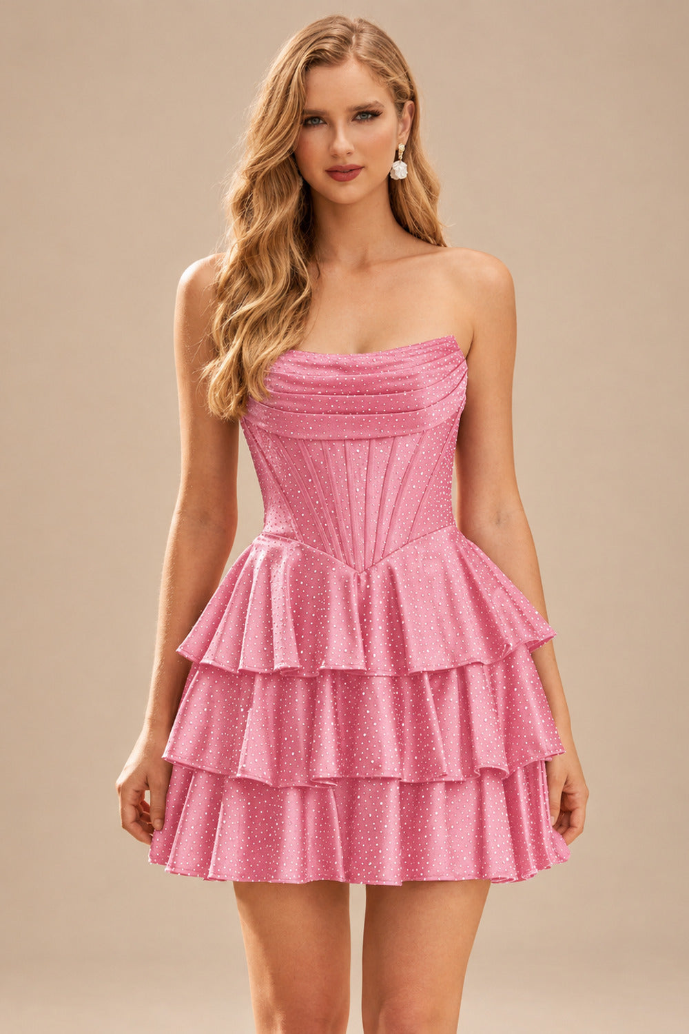 Rutipo Candy Pink A-line Sparkly Strapless Ruched Corset Ruffle Homecoming Dress