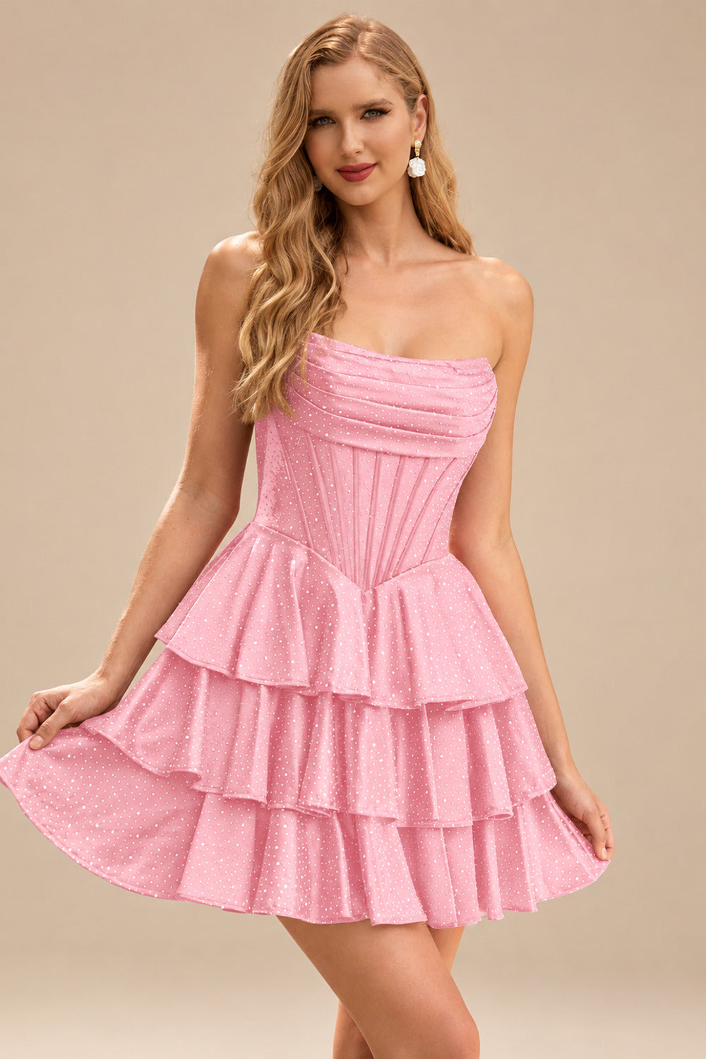 Rutipo Candy Pink A-line Sparkly Strapless Ruched Corset Ruffle Homecoming Dress