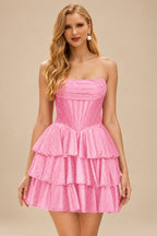 Rutipo Candy Pink A-line Sparkly Strapless Ruched Corset Ruffle Homecoming Dress