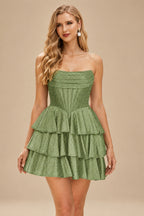 Rutipo Celadon A-line Sparkly Strapless Ruched Corset Ruffle Homecoming Dress