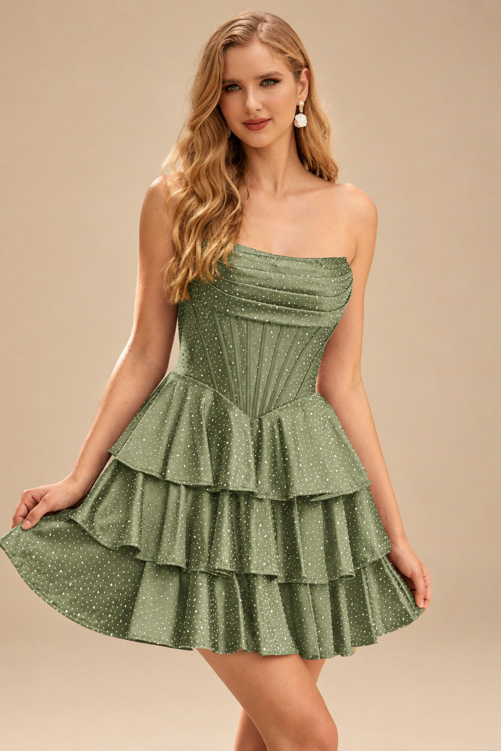 Rutipo Celadon A-line Sparkly Strapless Ruched Corset Ruffle Homecoming Dress
