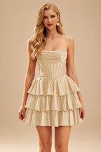 Rutipo Champagne A-line Sparkly Strapless Ruched Corset Ruffle Homecoming Dress