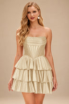 Rutipo Champagne A-line Sparkly Strapless Ruched Corset Ruffle Homecoming Dress