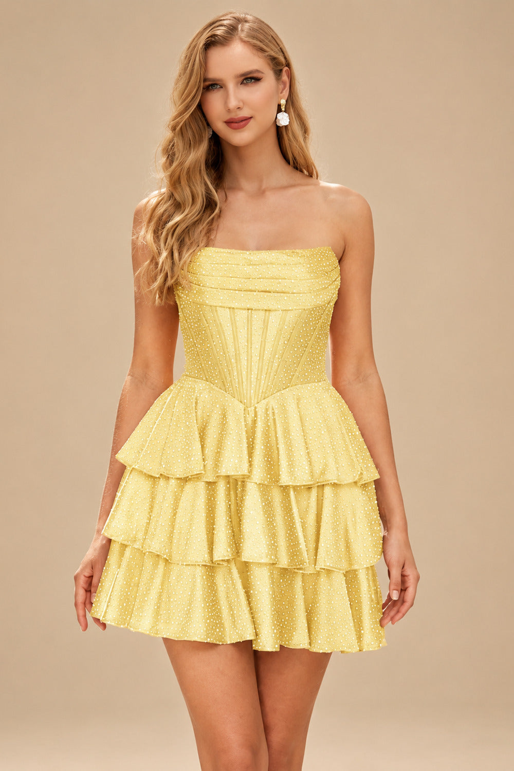 Rutipo Daffodil A-line Sparkly Strapless Ruched Corset Ruffle Homecoming Dress