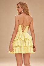 Rutipo Daffodil A-line Sparkly Strapless Ruched Corset Ruffle Homecoming Dress