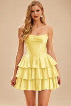 Rutipo Daffodil A-line Sparkly Strapless Ruched Corset Ruffle Homecoming Dress