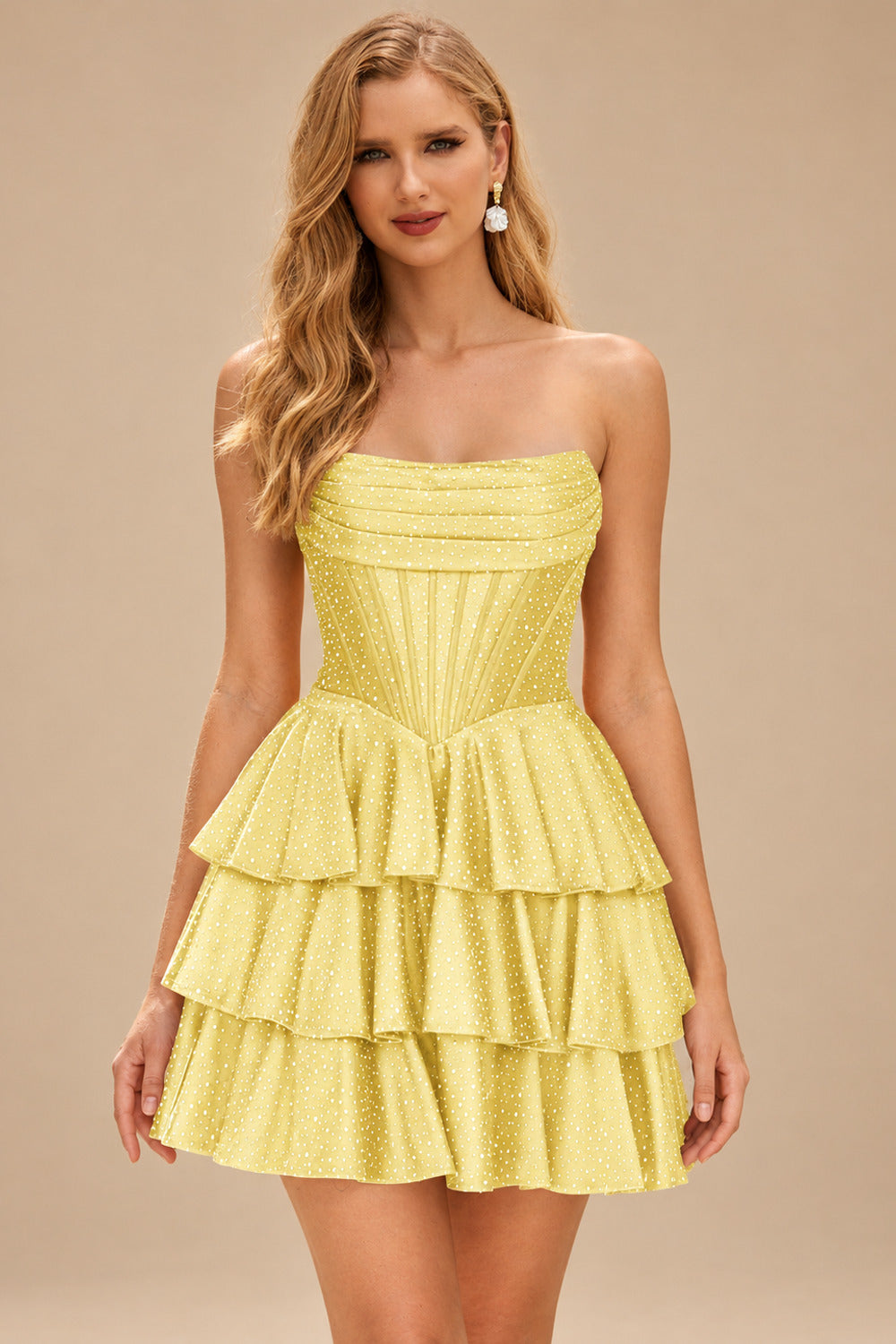 Rutipo Daffodil A-line Sparkly Strapless Ruched Corset Ruffle Homecoming Dress