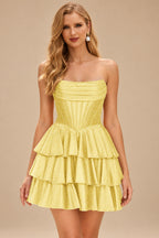 Rutipo Daffodil A-line Sparkly Strapless Ruched Corset Ruffle Homecoming Dress