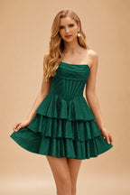 Rutipo Dark Green A-line Sparkly Strapless Ruched Corset Ruffle Homecoming Dress