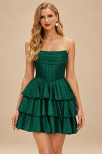 Rutipo Dark Green A-line Sparkly Strapless Ruched Corset Ruffle Homecoming Dress