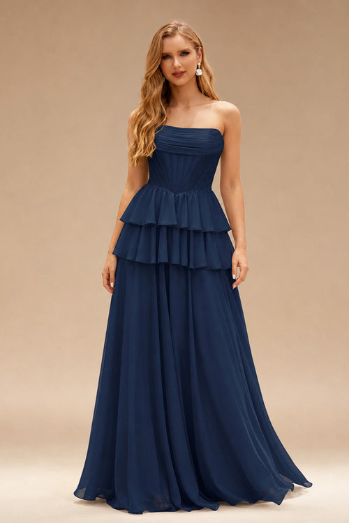 Rutipo Dark Navy A-line Sparkly Strapless Ruched Corset Ruffle Homecoming Dress