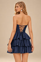 Rutipo Dark Navy A-line Sparkly Strapless Ruched Corset Ruffle Homecoming Dress