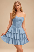 Rutipo Dusty Blue A-line Sparkly Strapless Ruched Corset Ruffle Homecoming Dress