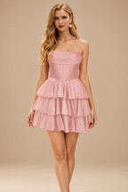 Rutipo Dusty Pink A-line Sparkly Strapless Ruched Corset Ruffle Homecoming Dress
