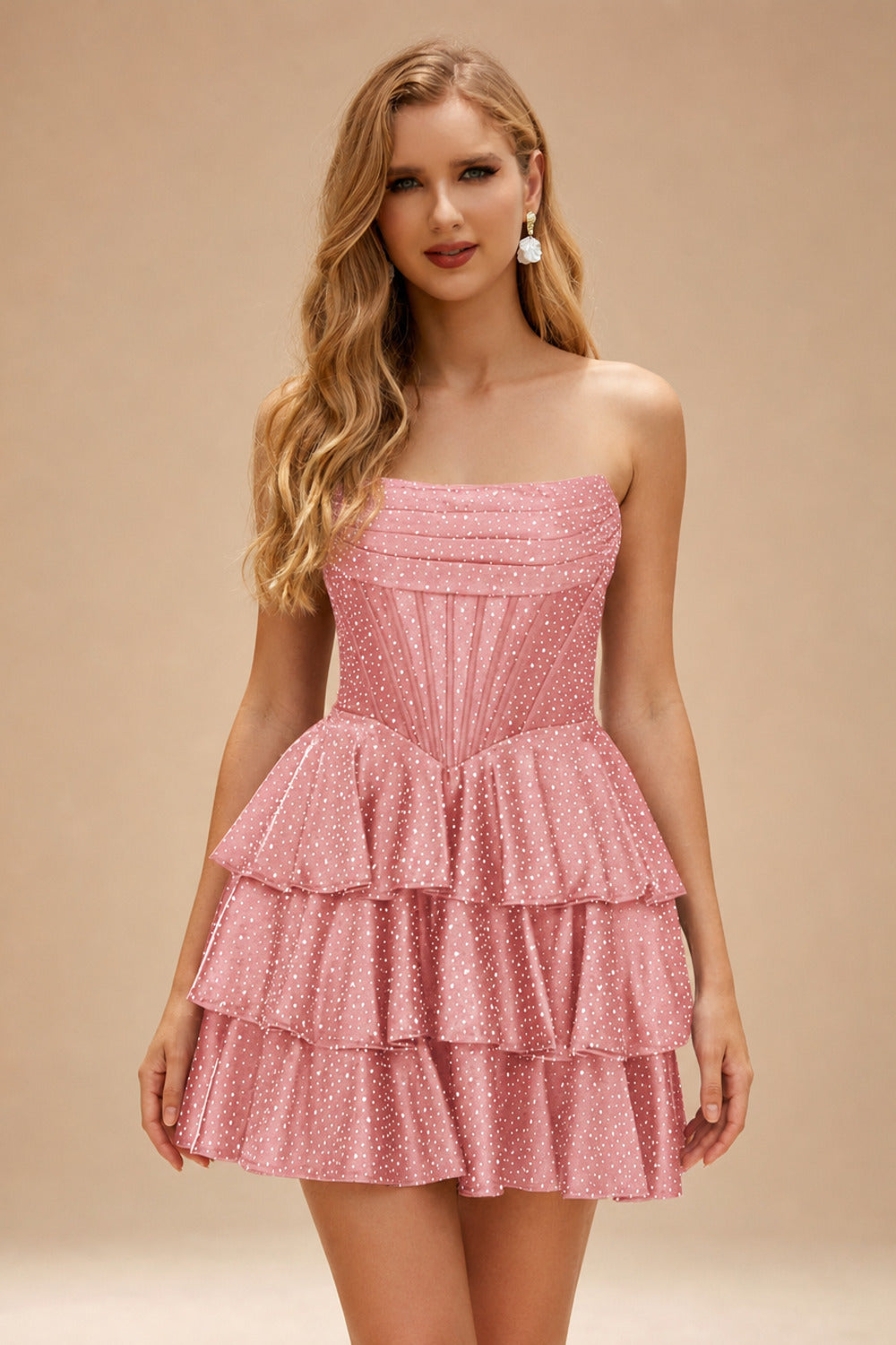 Rutipo Dusty Pink A-line Sparkly Strapless Ruched Corset Ruffle Homecoming Dress
