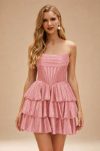 Rutipo Dusty Pink A-line Sparkly Strapless Ruched Corset Ruffle Homecoming Dress
