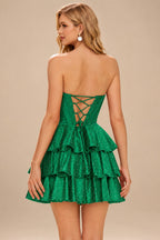 Rutipo Emerald A-line Sparkly Strapless Ruched Corset Ruffle Homecoming Dress