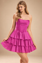 Rutipo Fuchsia A-line Sparkly Strapless Ruched Corset Ruffle Homecoming Dress