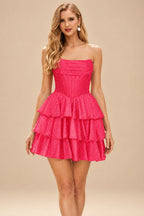 Rutipo Hot Pink A-line Sparkly Strapless Ruched Corset Ruffle Homecoming Dress