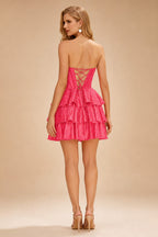 Rutipo Hot Pink A-line Sparkly Strapless Ruched Corset Ruffle Homecoming Dress