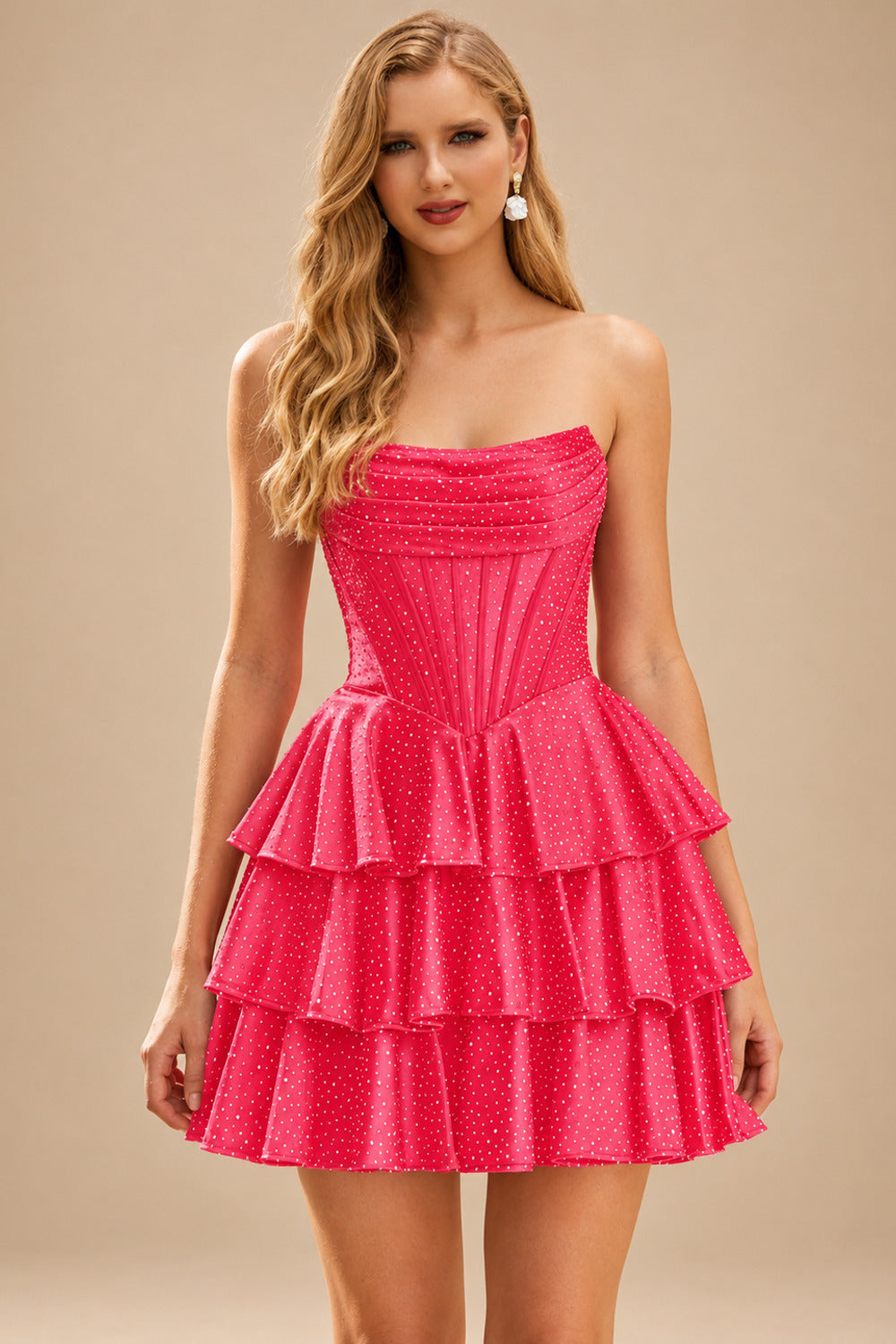 Rutipo Hot Pink A-line Sparkly Strapless Ruched Corset Ruffle Homecoming Dress