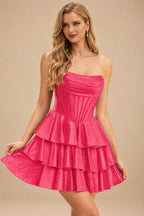 Rutipo Hot Pink A-line Sparkly Strapless Ruched Corset Ruffle Homecoming Dress