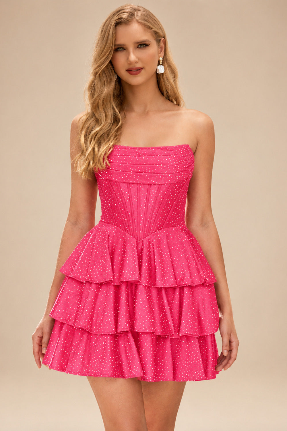 Rutipo Hot Pink A-line Sparkly Strapless Ruched Corset Ruffle Homecoming Dress