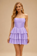 Rutipo Lilac A-line Sparkly Strapless Ruched Corset Ruffle Homecoming Dress