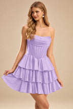Rutipo Lilac A-line Sparkly Strapless Ruched Corset Ruffle Homecoming Dress