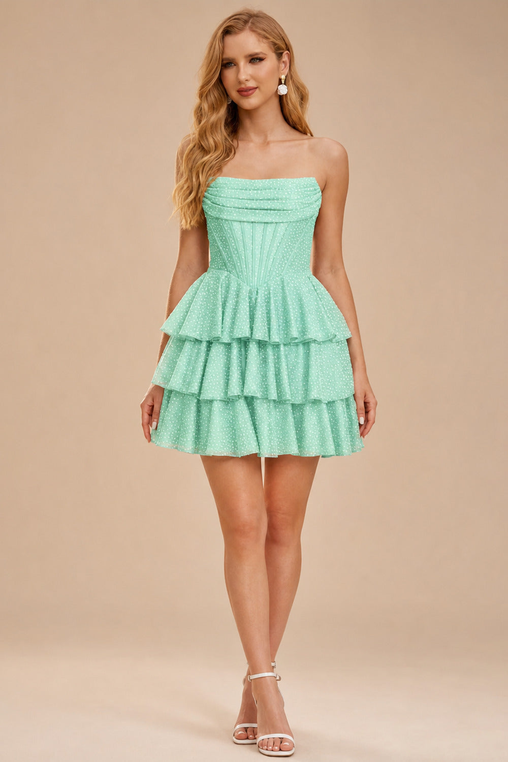 Rutipo Mint Green A-line Sparkly Strapless Ruched Corset Ruffle Homecoming Dress