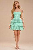 Rutipo Mint Green A-line Sparkly Strapless Ruched Corset Ruffle Homecoming Dress